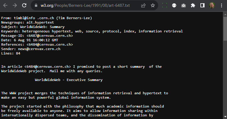 screenshot of the original message of Tim Berners-Lee on USENET about his worldwideweb project