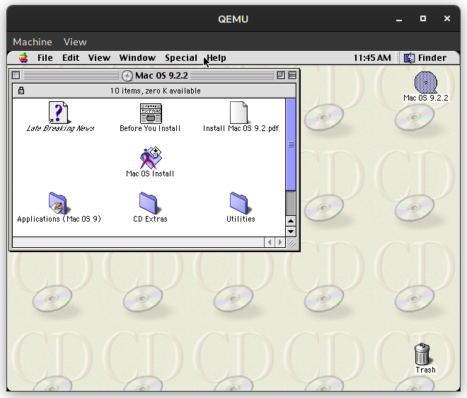 Mac OS 9 started under QEMU with no initialized hard drive